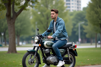 Jeune homme en denim sur une moto Dax dans un parc urbain
