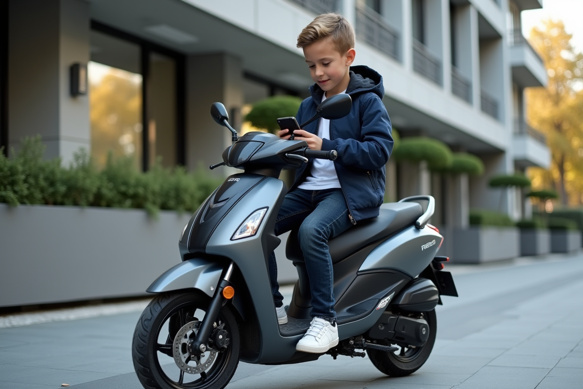 Adolescent sur une moto en ville avec sourire naturel