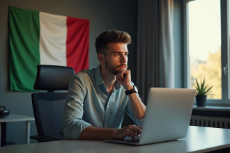 Jeune homme pensif devant un ordinateur avec drapeau italien