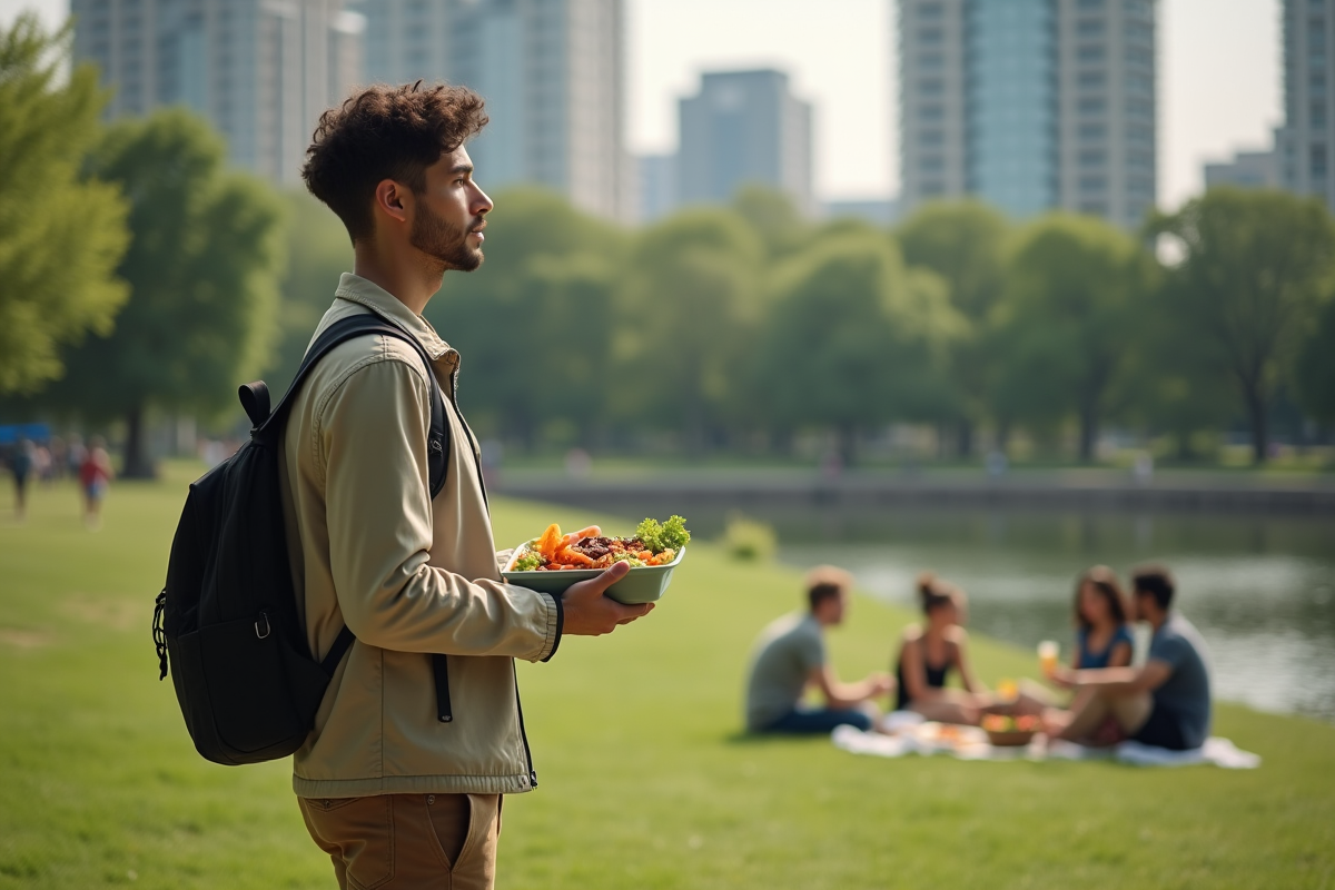 Jeune homme avec repas végétal dans un parc urbain