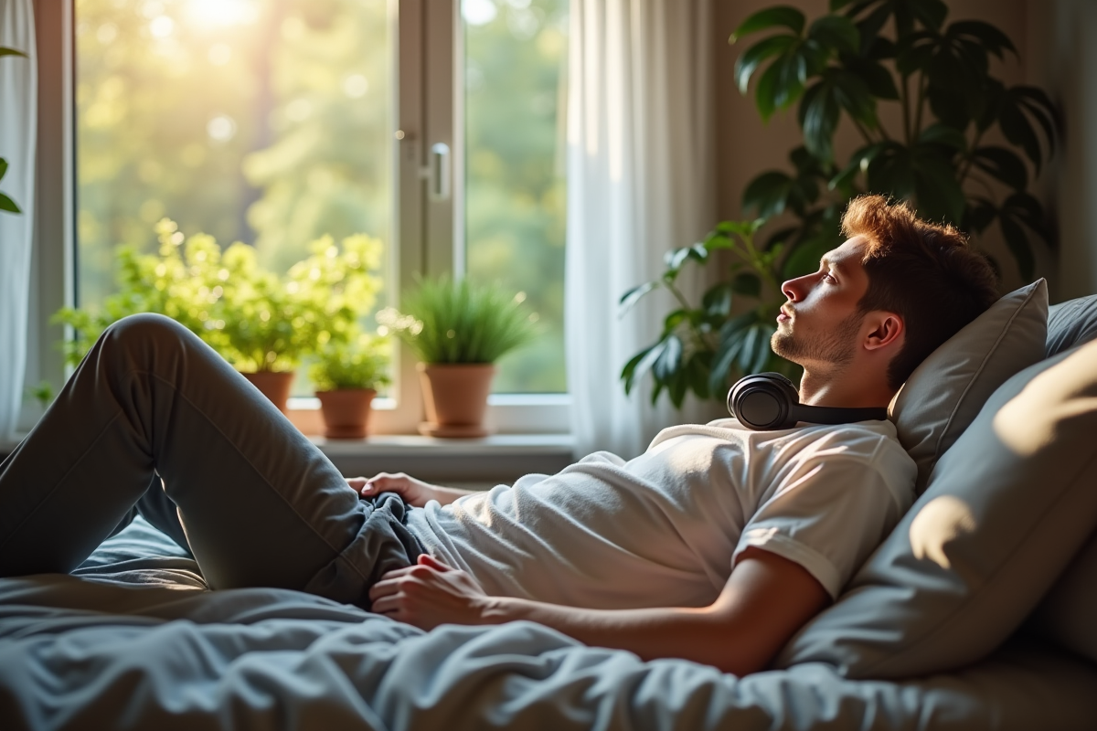 Jeune homme regardant par la fenetre avec famille