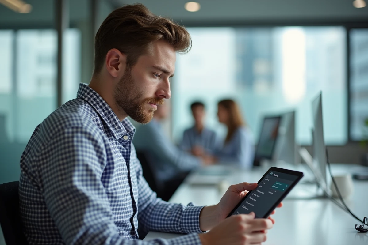 Jeune homme utilisant une tablette dans un bureau moderne