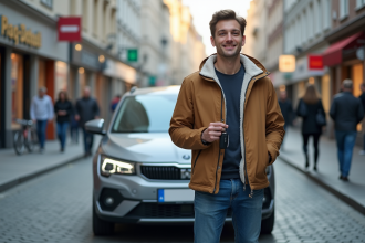 Jeune homme souriant avec sa voiture en ville en Allemagne