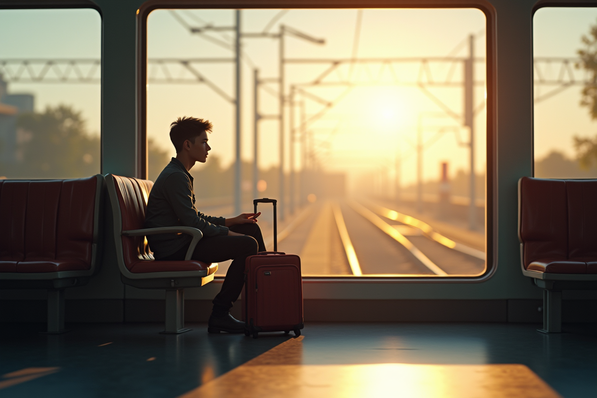 Jeune voyageur seul dans une gare avec valise