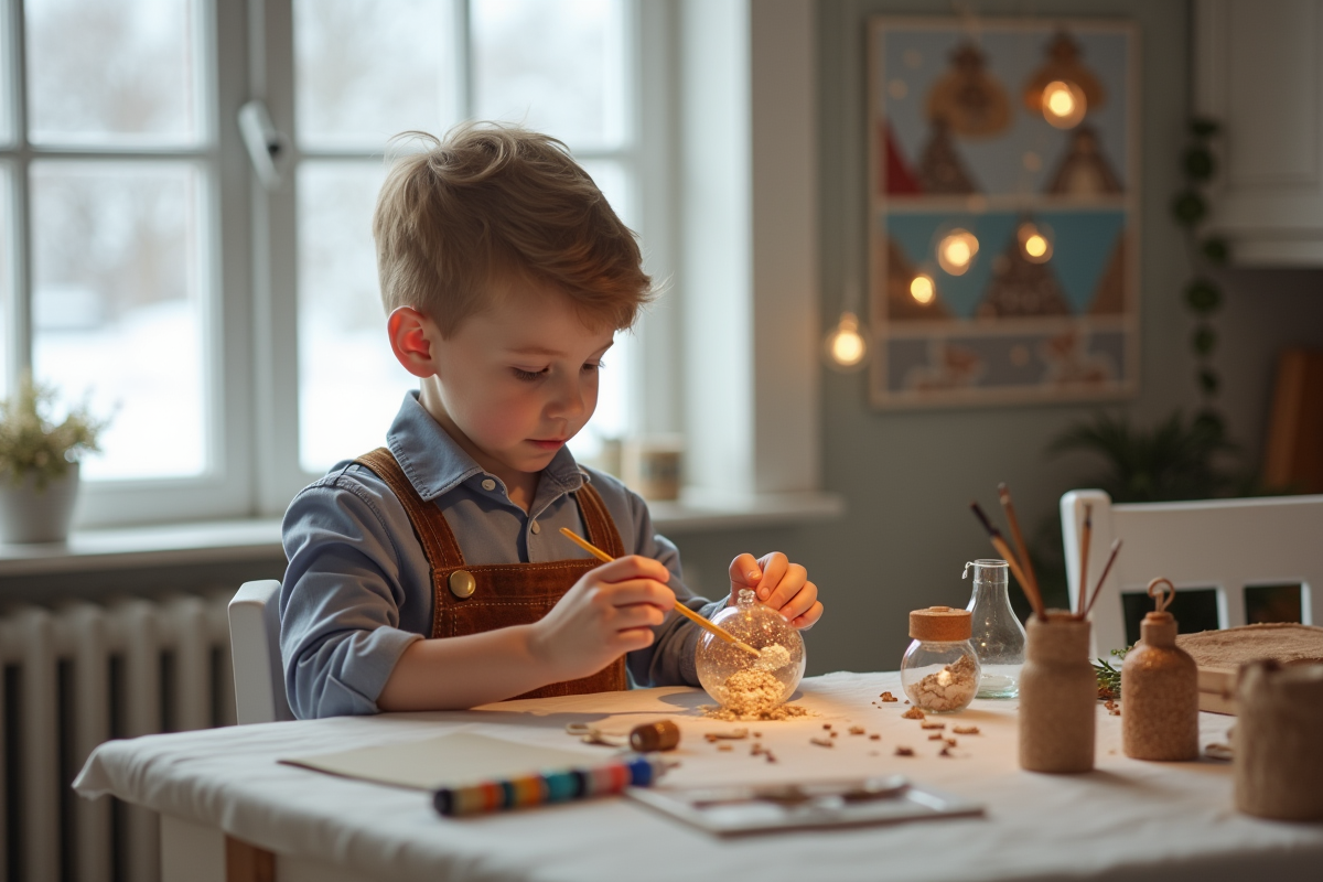 Jeune garçon peignant une boule de Noël moderne