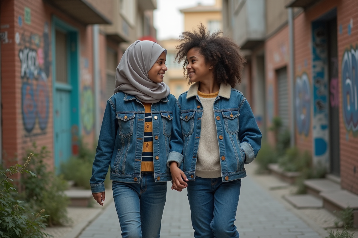 Deux adolescentes marchant côte à côte dans une rue urbaine colorée