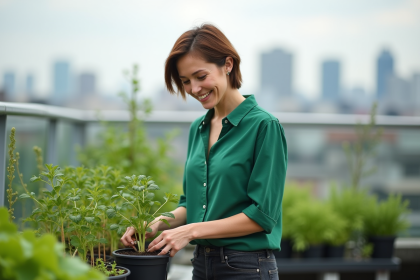 Jeune femme souriante dans un jardin urbain sur un toit