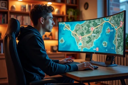 Joueur adulte concentré devant un écran affichant une carte de quêtes colorée avec des marqueurs de trajets dans un bureau gaming moderne