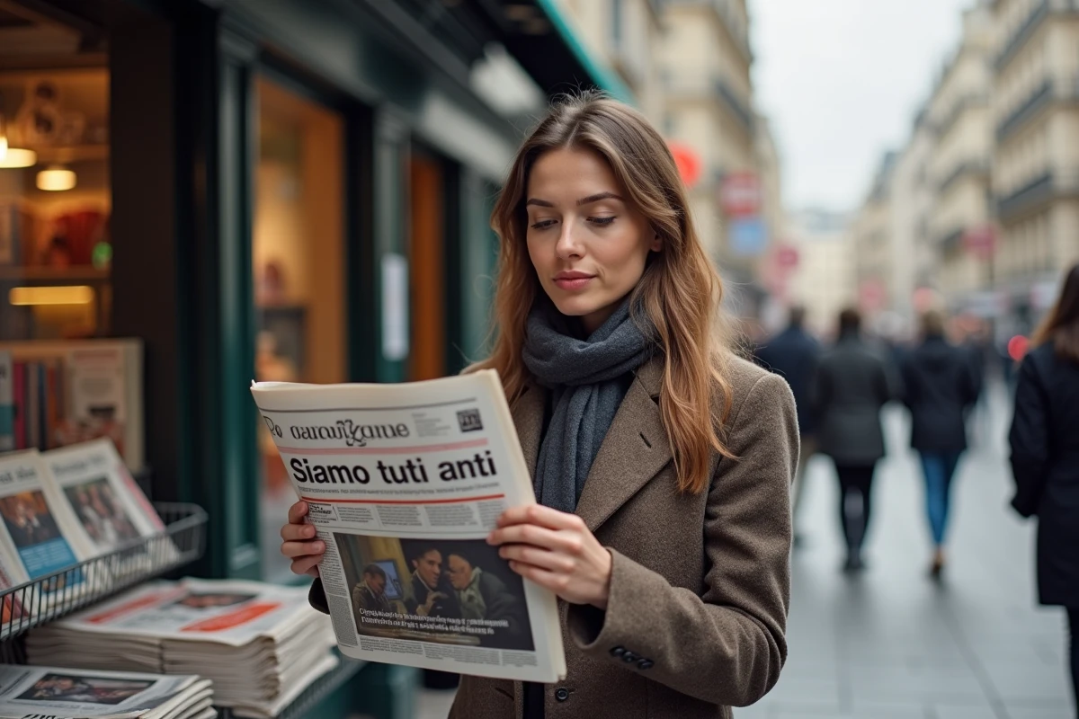 Jeune journaliste lisant un journal sur une rue parisienne