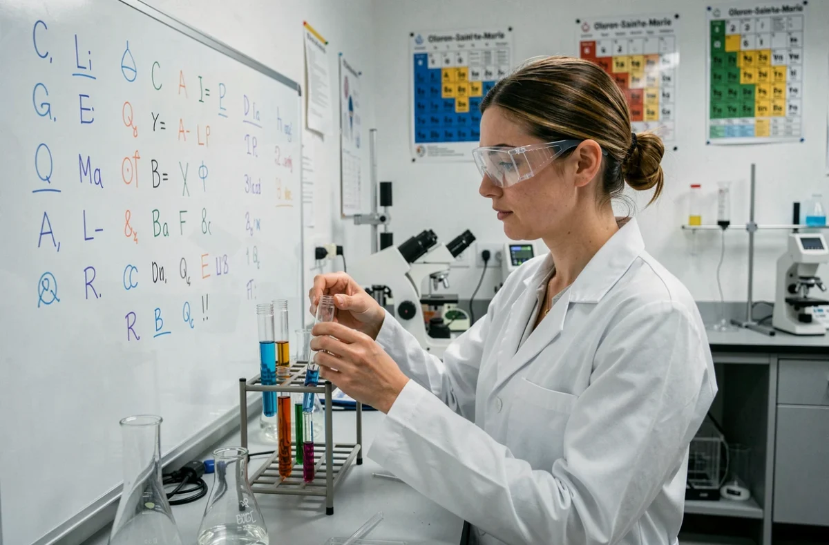 Joueuse en blouse blanche analysant des indices scientifiques dans la salle de laboratoire de Lab Escape à Oloron-Sainte-Marie