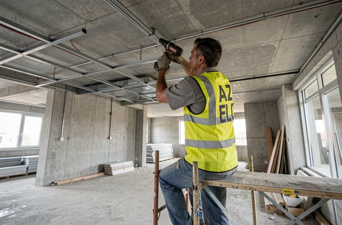 Électricien de LAZ ELEC posant des conduits électriques dans un bâtiment commercial en construction