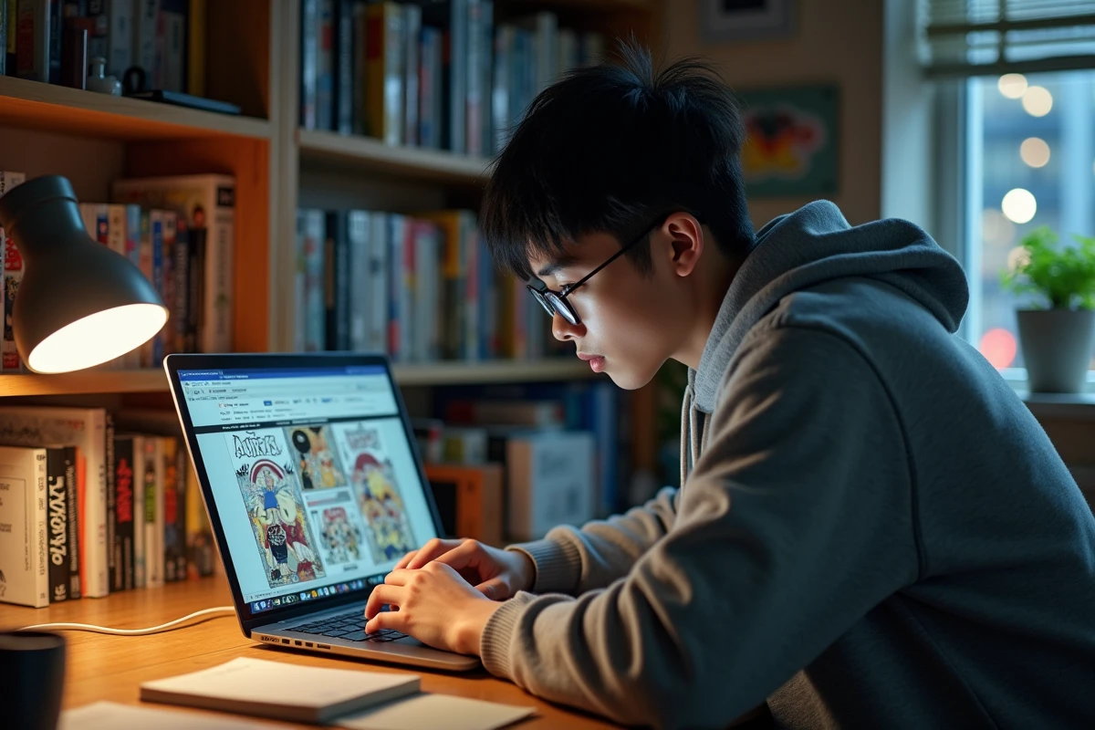 Jeune homme lisant un manga en ligne sur son ordinateur portable entouré de volumes de manga imprimés dans sa chambre