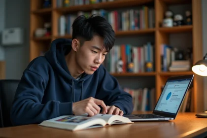 Jeune homme lisant un manga One Piece à son bureau avec un ordinateur ouvert à côté