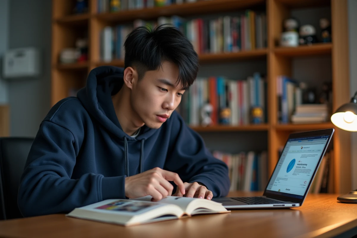 Jeune homme lisant un manga One Piece à son bureau avec un ordinateur ouvert à côté