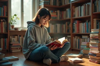 Jeune femme lisant un manga yaoi en version originale japonaise entourée de volumes en VF et VO