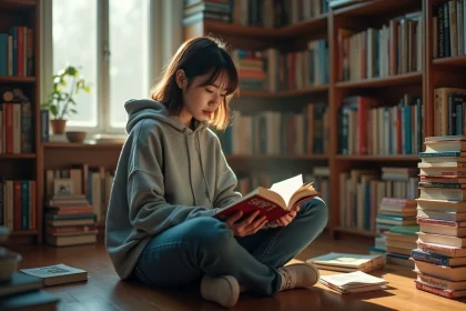 Jeune femme lisant un manga yaoi en version originale japonaise entourée de volumes en VF et VO