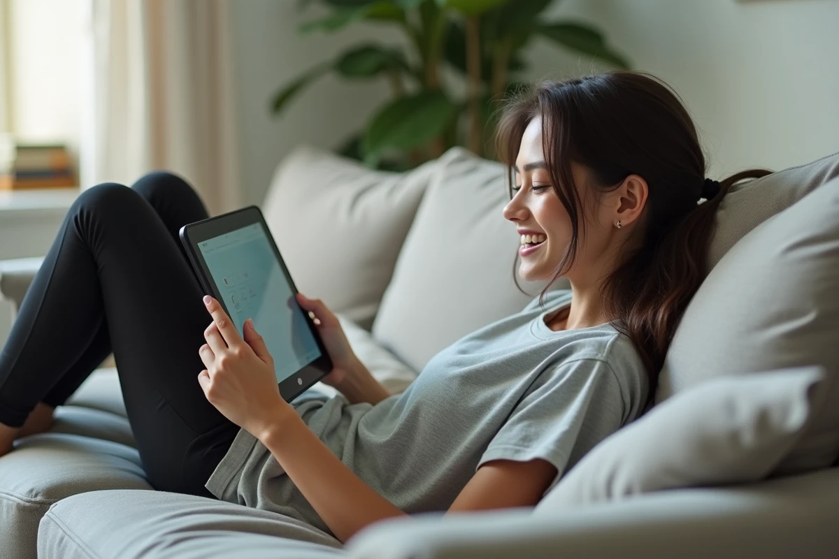 Jeune femme lisant un scan de manga One Piece sur une tablette allongée sur son canapé