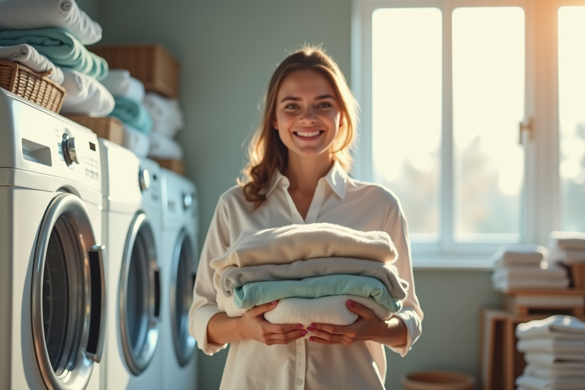 Jeune adulte souriant tenant du linge propre dans une salle lumineuse