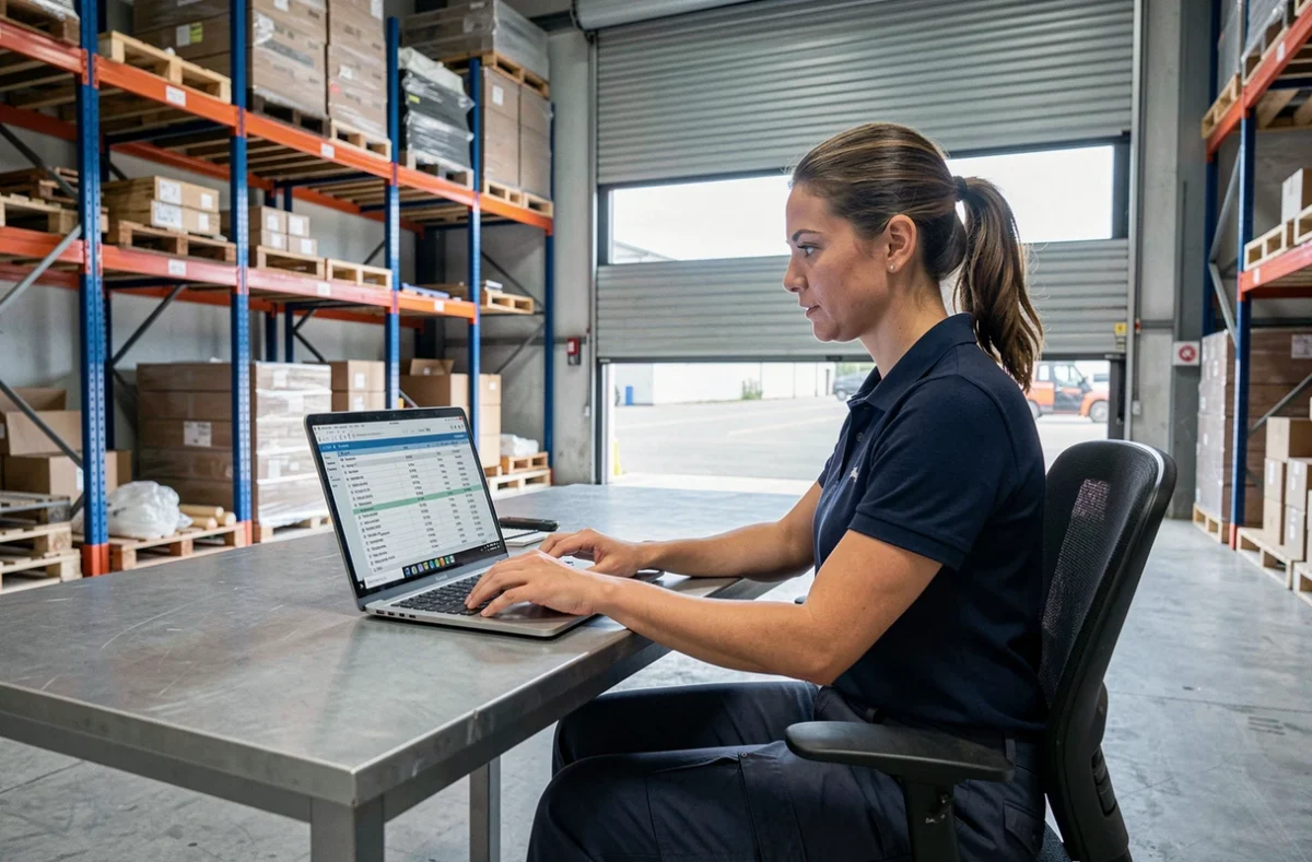 Coordinatrice logistique utilisant un tableur de conversion kilogrammes et tonnes sur ordinateur portable dans un bureau d'entrepôt industriel