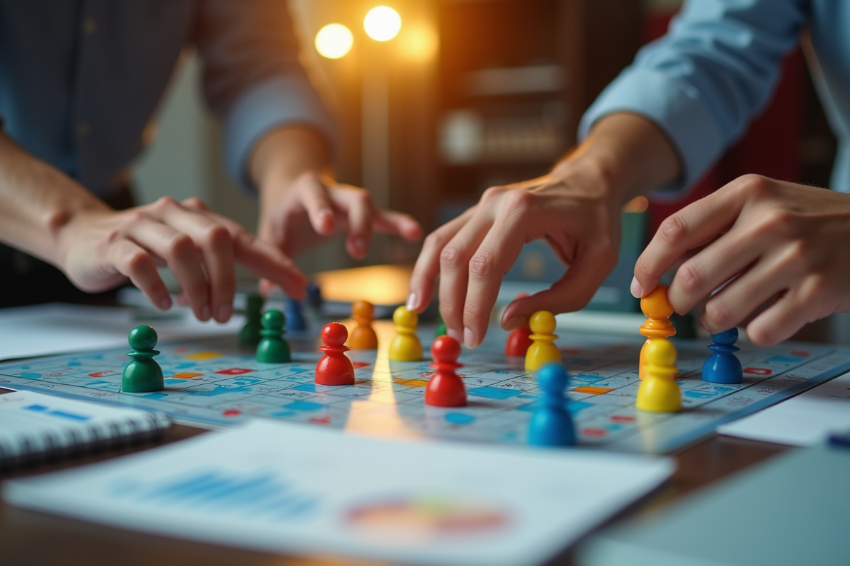 Mains diverses manipulant des pièces de jeu avec graphiques financiers en arrière-plan