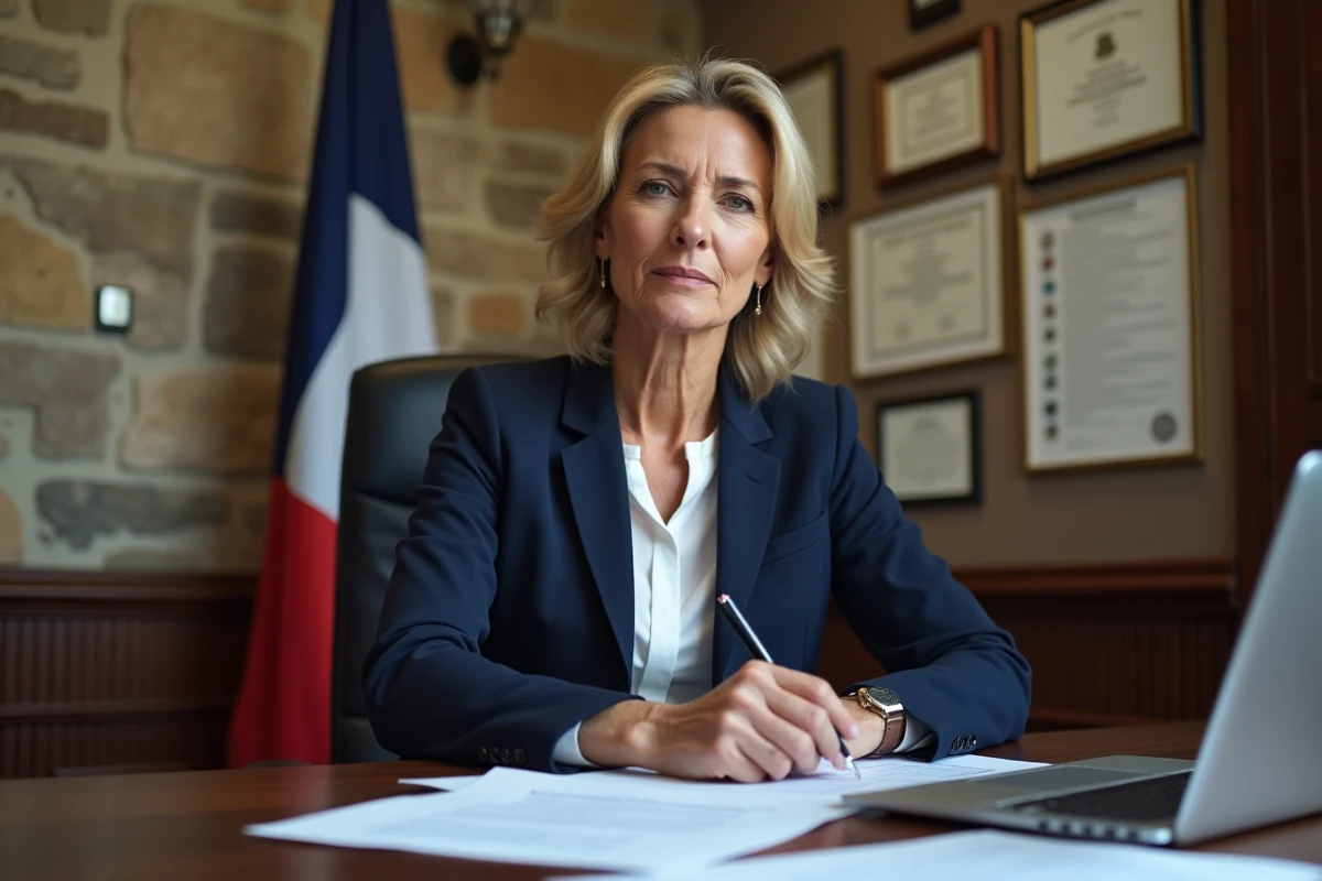 Maire femme dans son bureau de mairie examinant des documents officiels sur la rémunération des élus municipaux en 2026