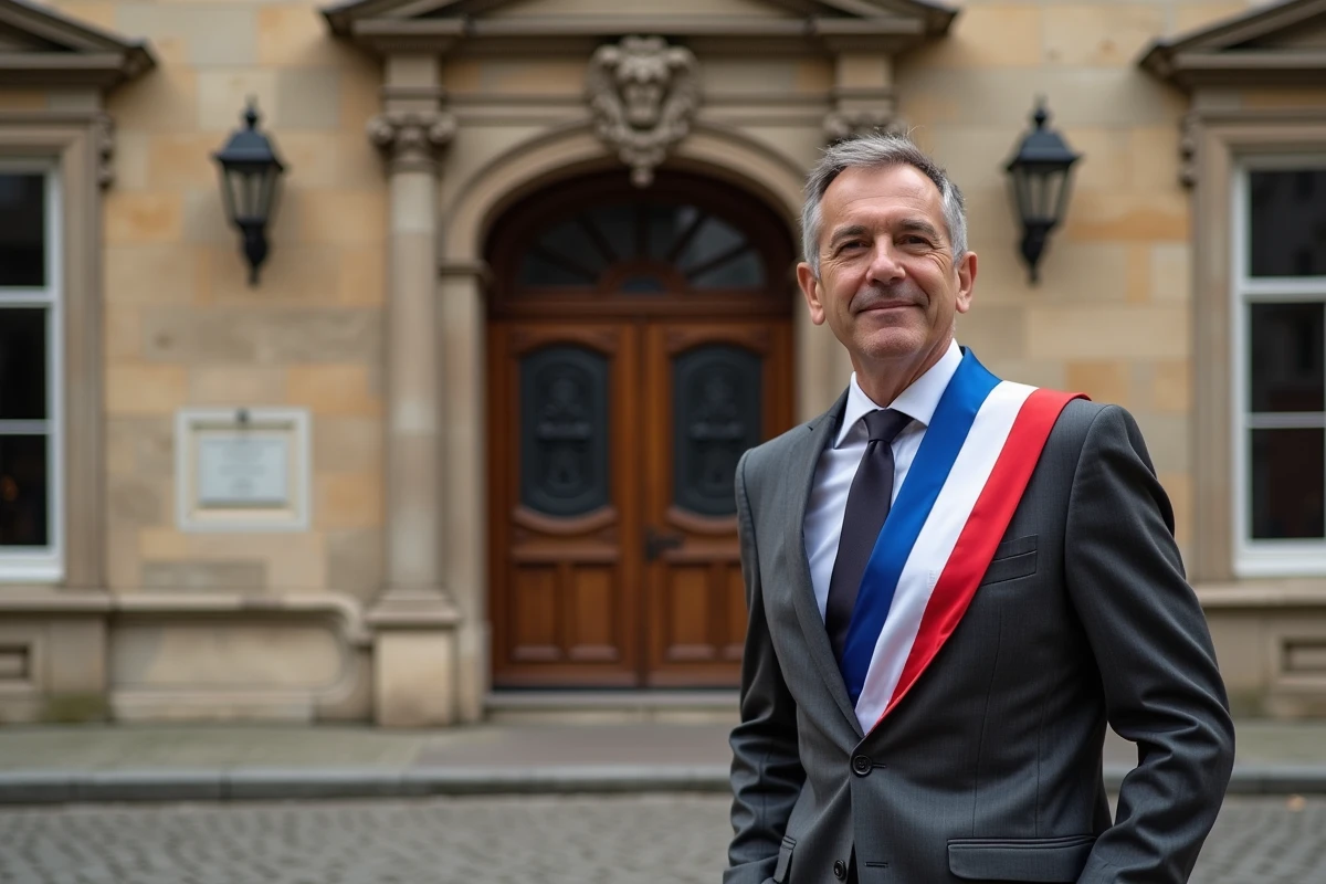 Maire portant l'écharpe tricolore devant la façade d'une mairie française illustrant la fonction d'élu municipal