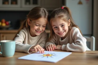 Mère et fille partageant un dessin dans une cuisine chaleureuse