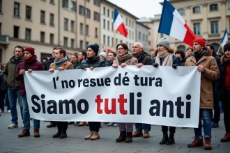 Groupe divers de personnes avec bannière antii lors d une manifestation