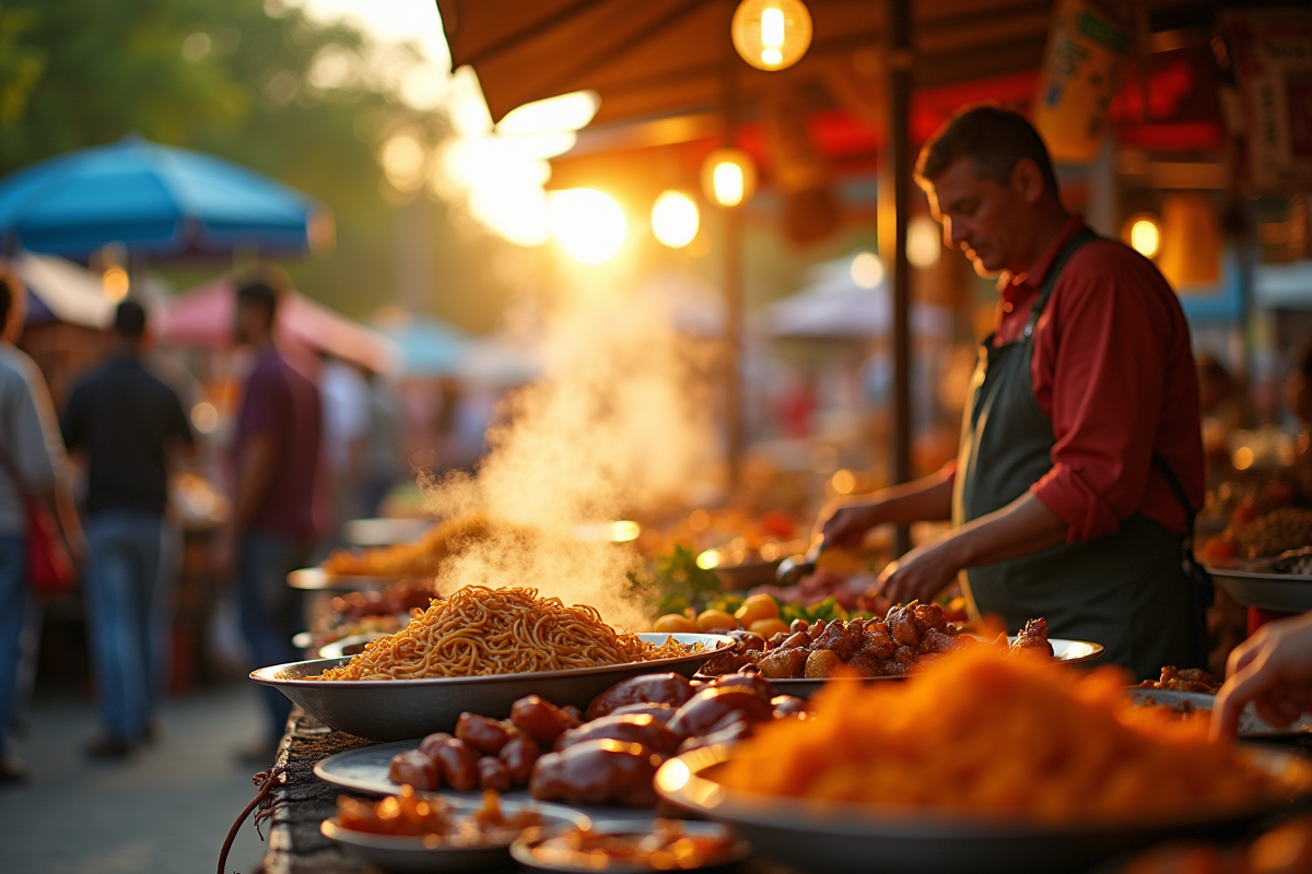 Marché de rue animé avec plats internationaux
