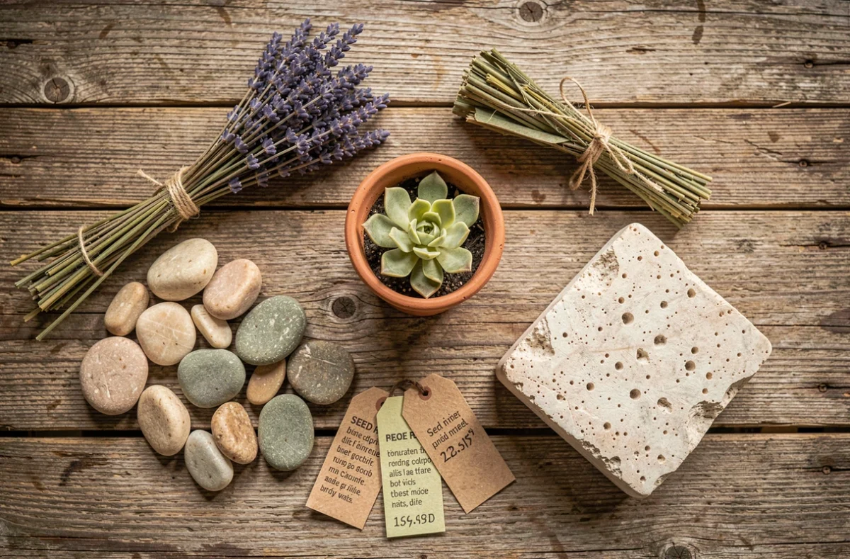 Assortiment de matériaux écologiques pour décorer une pierre tombale : galets, lavande séchée, pot biodégradable et calcaire sculpté, posés sur une surface en bois recyclé