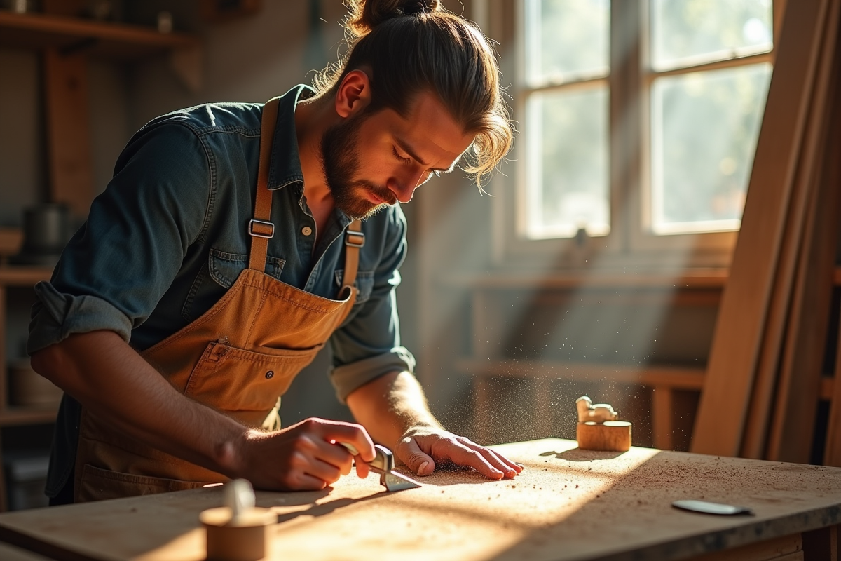Menuisier travaillant dans un atelier ensoleille avec outils