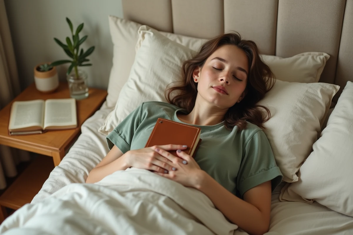 Jeune femme sereine au lit tenant un livre spirituel avec une expression de gratitude et de paix intérieure