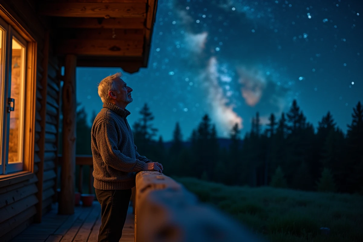 Homme contemplatif sur un porche de chalet regardant la Voie Lactée lors d'une nuit spirituelle