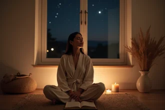 Femme en méditation spirituelle la nuit près d'une fenêtre étoilée avec une bougie et un journal ouvert