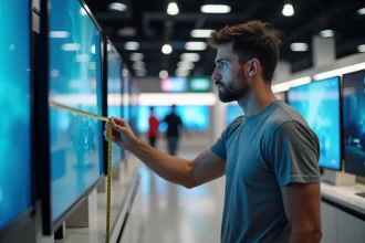 Technicien mesurant la diagonale d'un écran TV en magasin pour choisir la bonne taille en pouces et centimètres