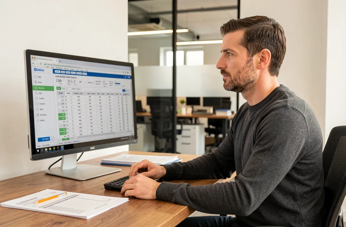 Métreur assis à son bureau utilisant un convertisseur en ligne kilogrammes vers tonnes pour établir un devis professionnel sur ordinateur