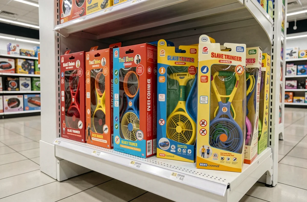 Rayonnage de magasin présentant des modèles de Bley Blade pour enfants avec étiquettes d'âge et certifications de sécurité