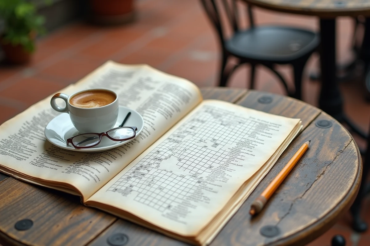 Gros plan sur une grille de mots fléchés avec des villes italiennes posée sur une table de café en bois avec un expresso