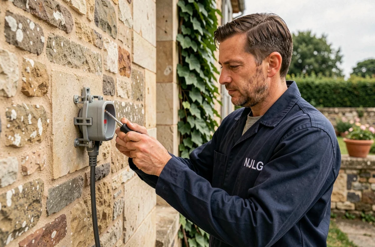 Électricien de NJLG installant une prise étanche sur la facade d'une maison en pierre dans le Loiret