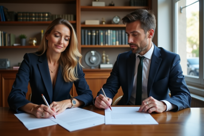 Couple d'adultes en réunion avec un notaire dans un bureau moderne