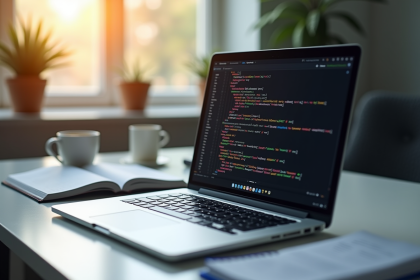 Ordinateur portable moderne avec code coloré sur l'écran