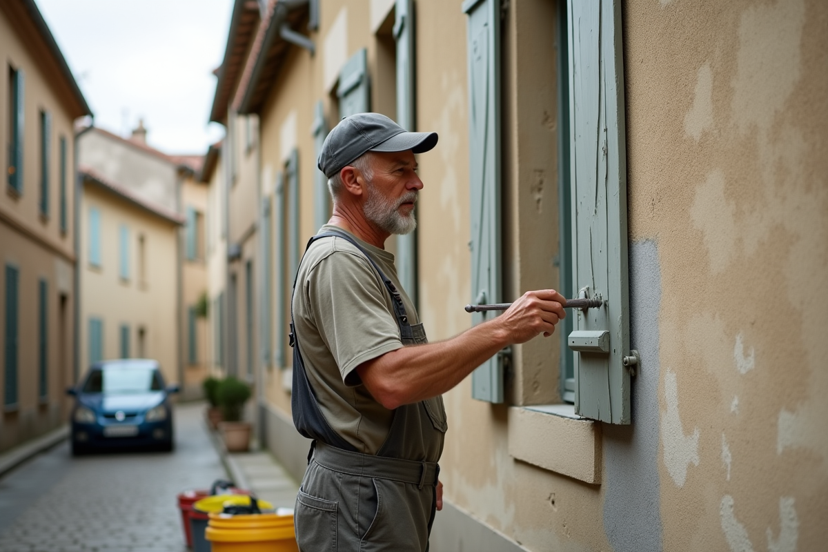 Ouvrier en overalls appliquant un enduit sur une façade ancienne
