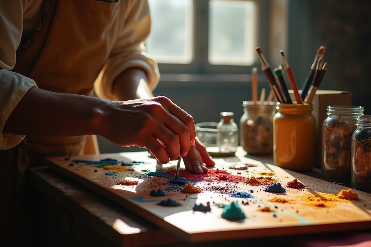 Mains d'artiste mélangeant des pigments sur palette en lumière naturelle