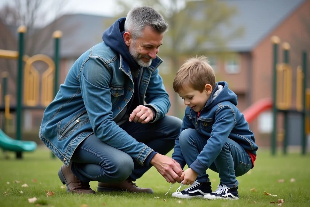 Père aidant son fils à lacer ses chaussures dans un parc urbain