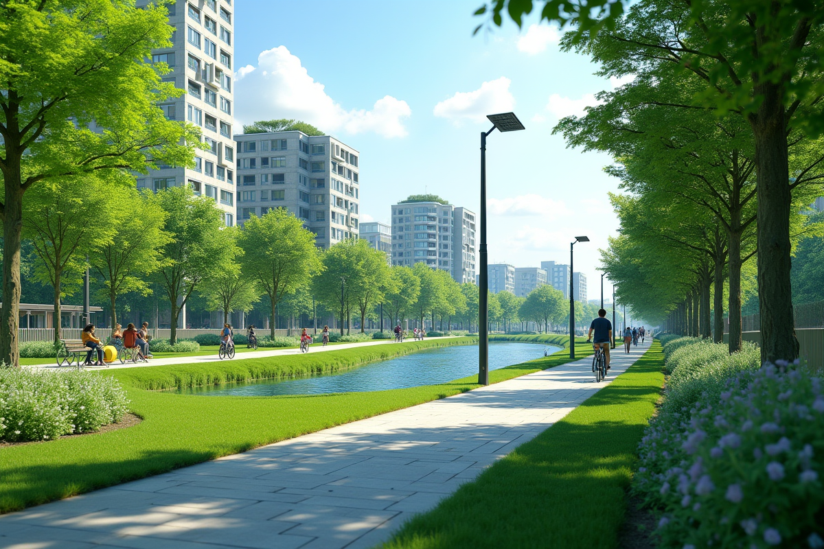 Parc urbain vert avec personnes et lampadaires solaires