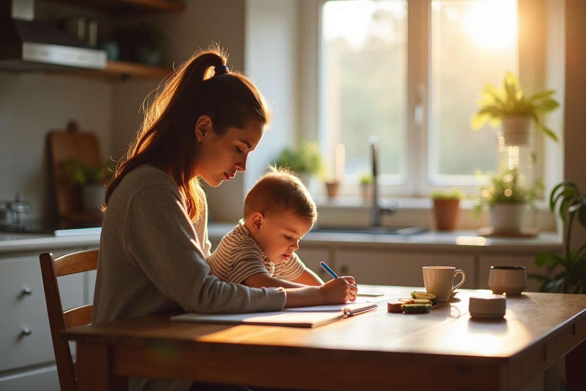 Parent seul avec enfant dans la cuisine le matin