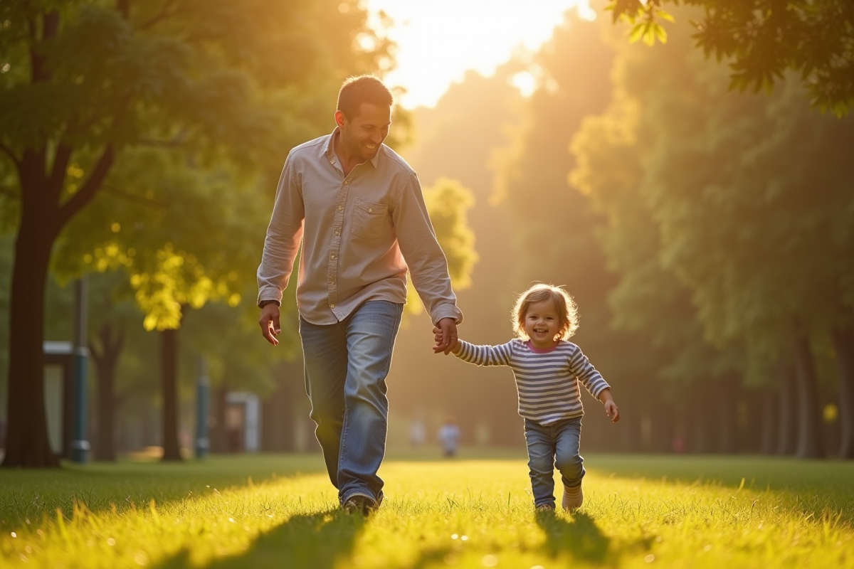 Parent seul avec enfant dans un parc ensoleille