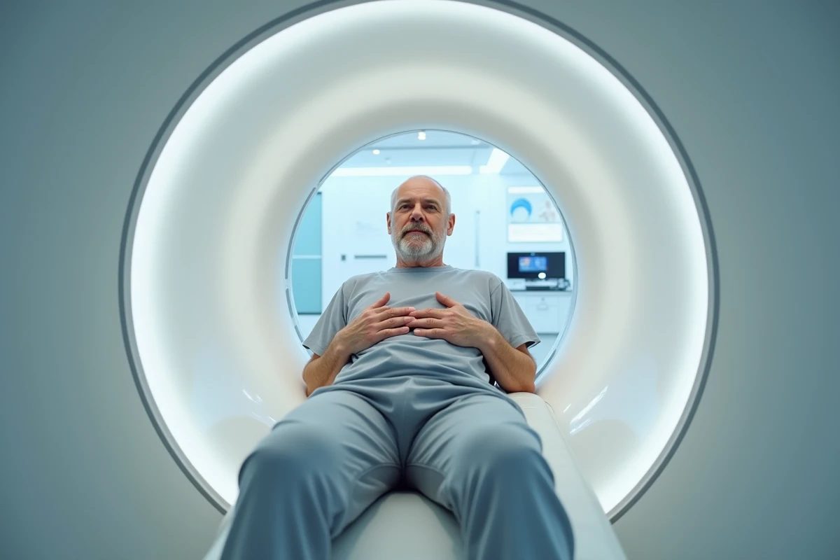 Patient allongé dans un scanner CT moderne lors d'un examen d'imagerie médicale dans une clinique contemporaine