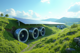 Colline verte avec volants métalliques et panneaux solaires