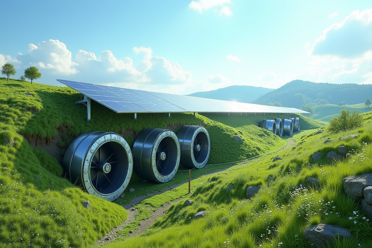 Colline verte avec volants métalliques et panneaux solaires
